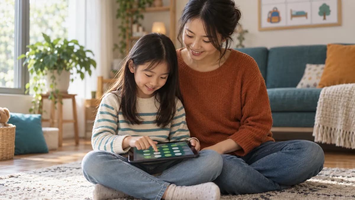Parent and child tapping the next point on a reward board on a tablet at home