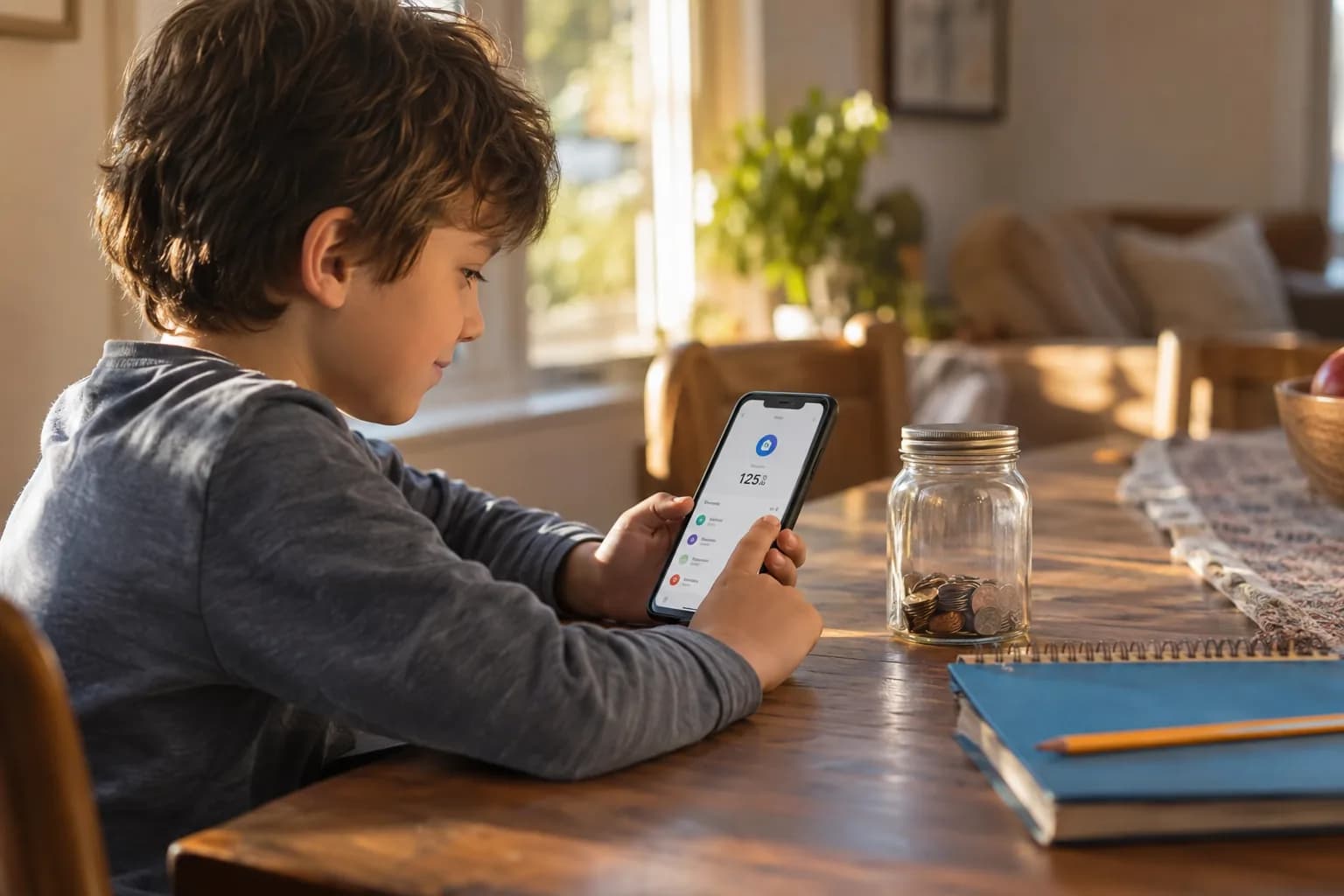 Child checking their allowance balance on a phone app after finishing a chore