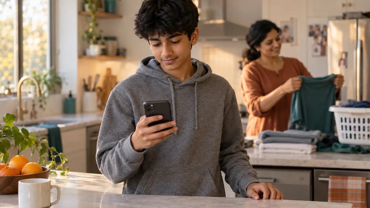 Teenager checking chore points and earnings on a phone in the family kitchen