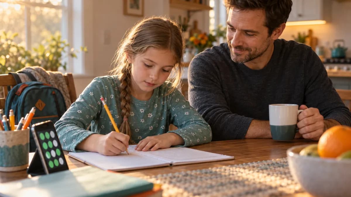 Child doing homework at the kitchen table with a points app on a phone nearby