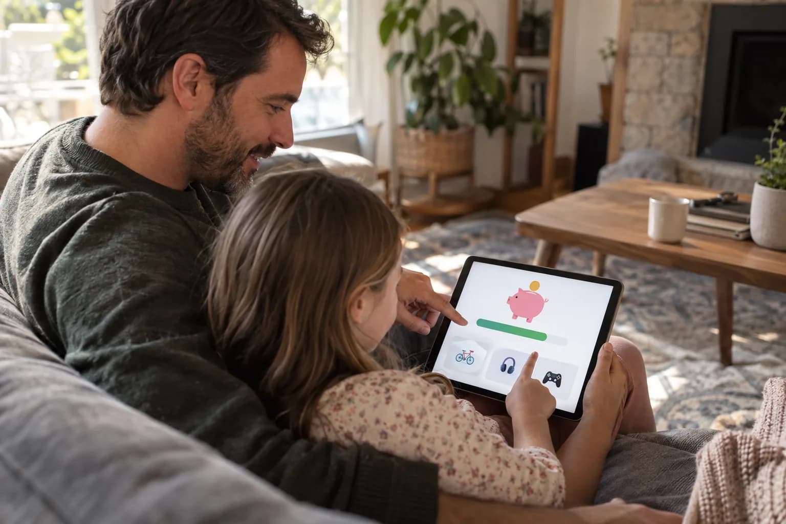 Parent and child reviewing a savings goal together on a tablet at home