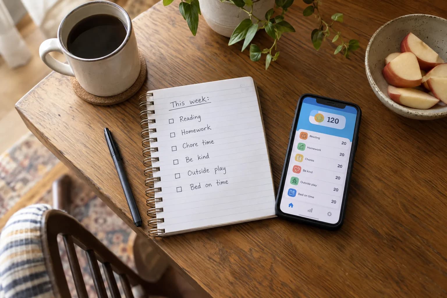Notebook list of kids chore and reward point values next to a phone showing the points app