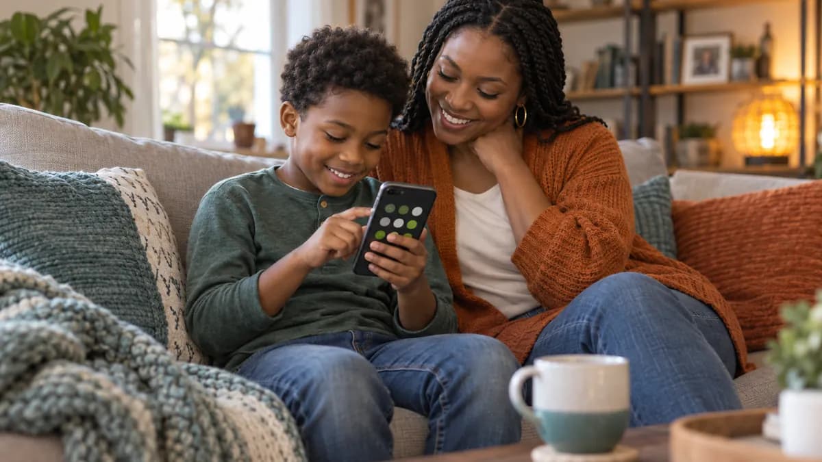 Parent and child tapping points on a kids reward app together on a sofa