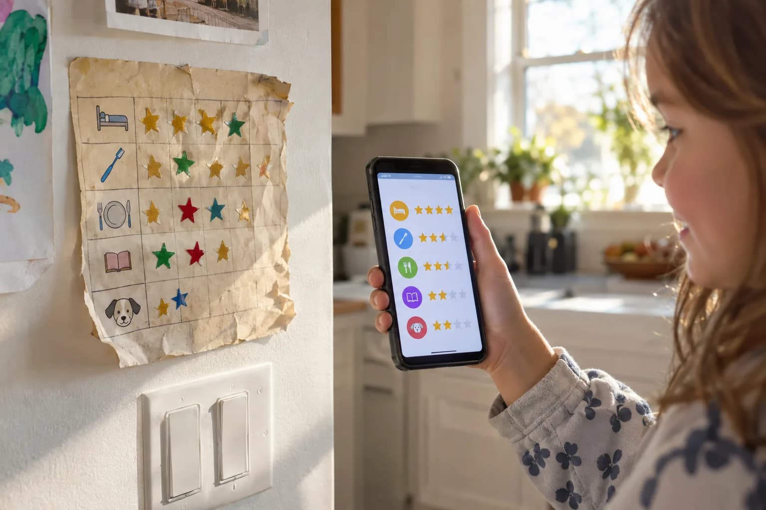 Side-by-side comparison of a paper sticker chart and a digital points app on a phone
