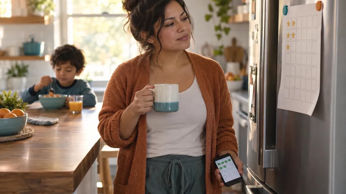 Parent looking at a half-filled paper reward chart on the fridge while holding a phone