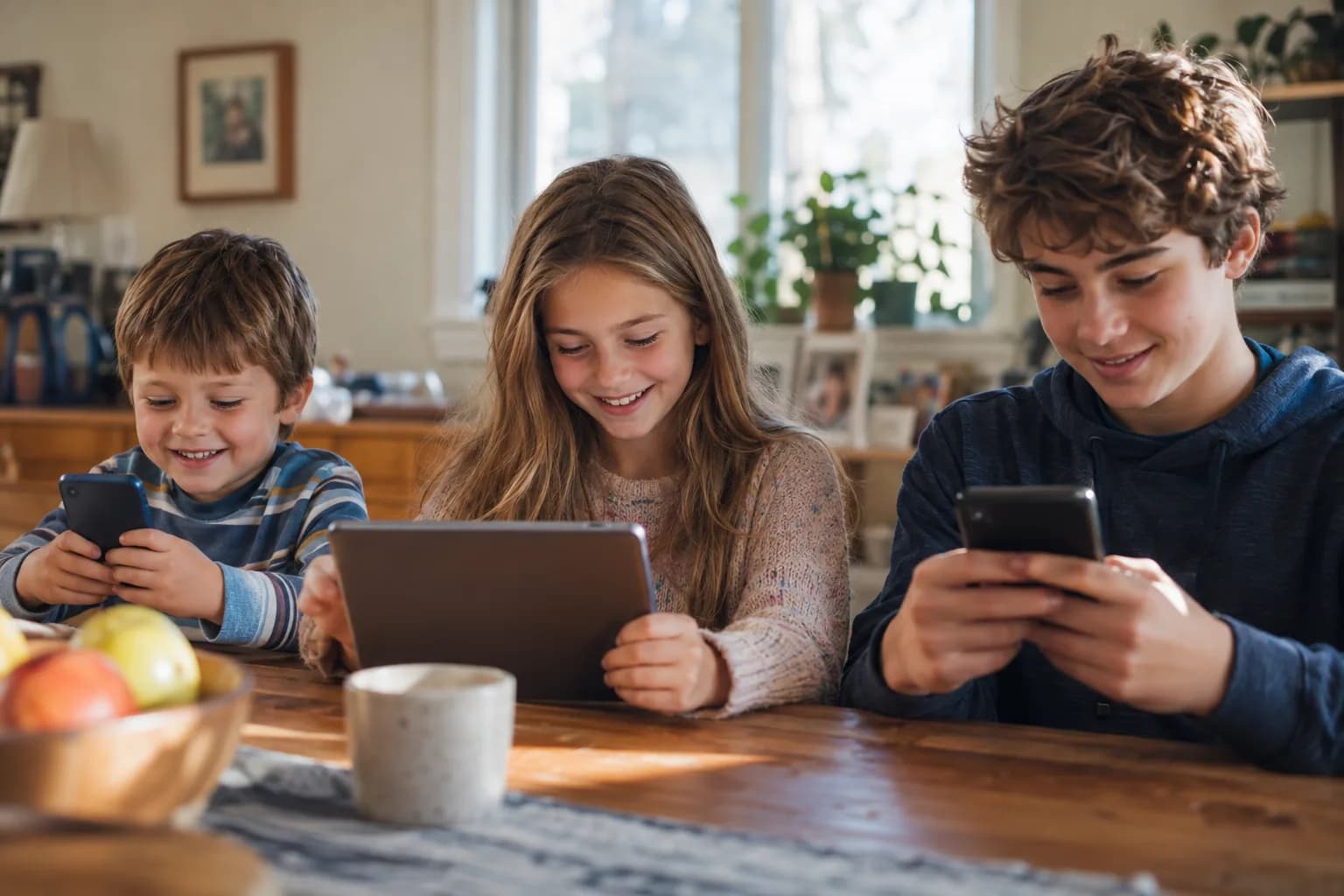 Three siblings each with their own profile and wallet balance shown on a family rewards app